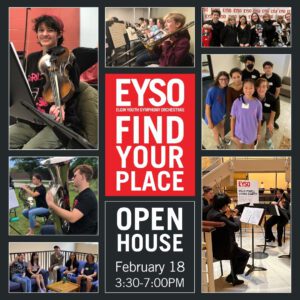 A photo collage of students with their instruments with text that reads "Find your place. Open House February 18 from 3:30-7pm".